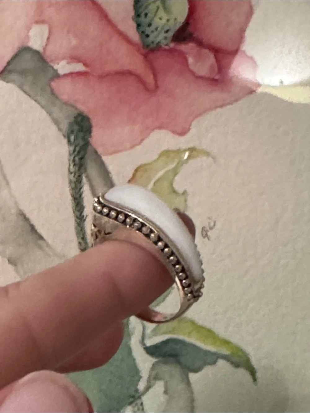 Sterling Silver Ring with White Center Stone and Beaded Edge
